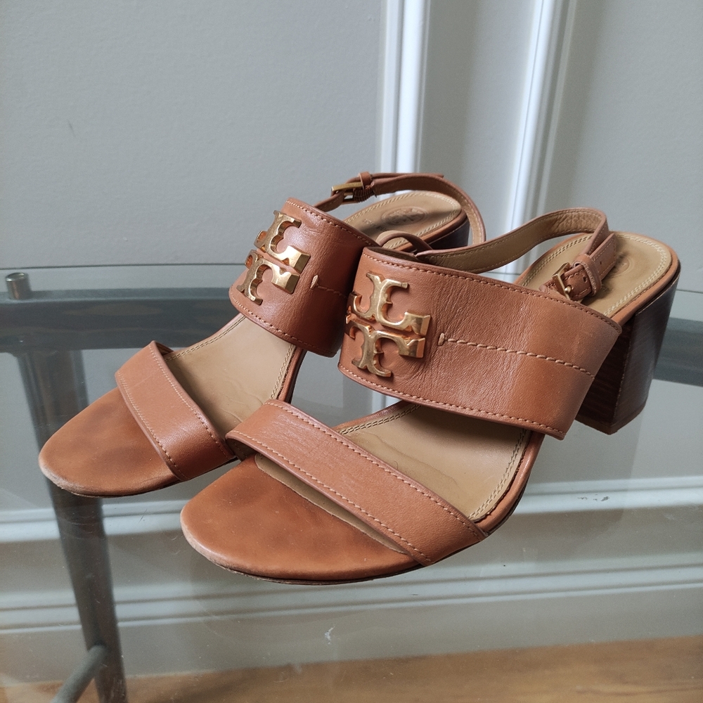 Tory Burch Everly Tan Leather Gold Logo Slingback Block Heel Sandals 8.5-9M